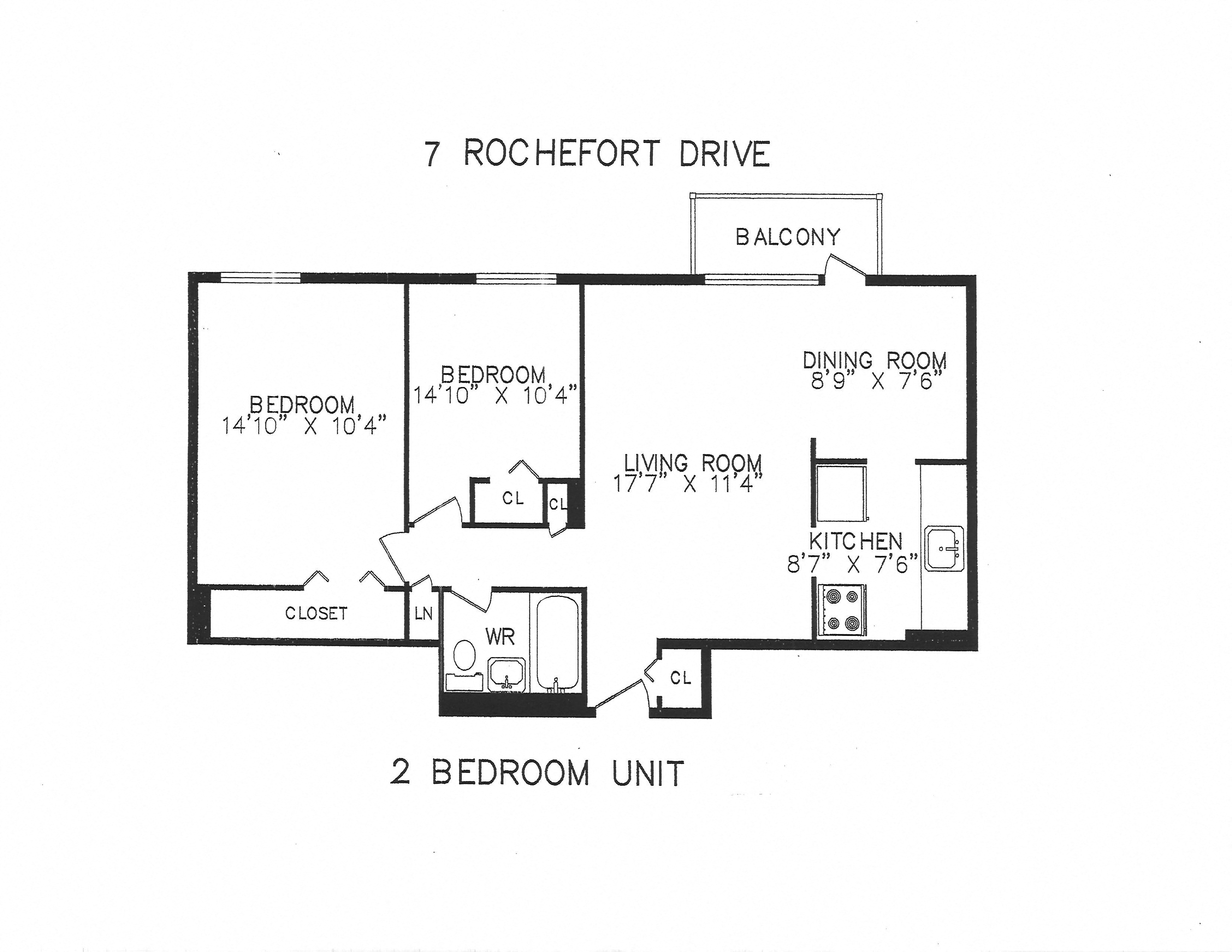 Floor plan for 2 beds, 1 bath, 715 sqft